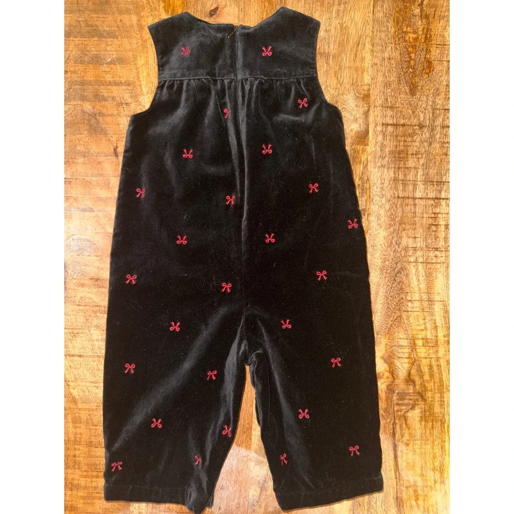 Gymboree Vintage  Girls Black Velvet Red Bow Embroidered Holiday Romper 6-12